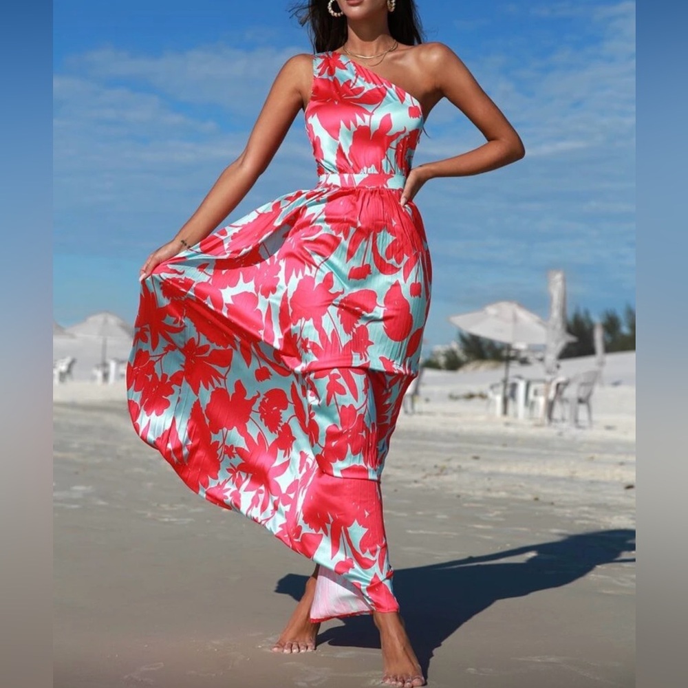 SHEIN Red Floral One-Shoulder Dress